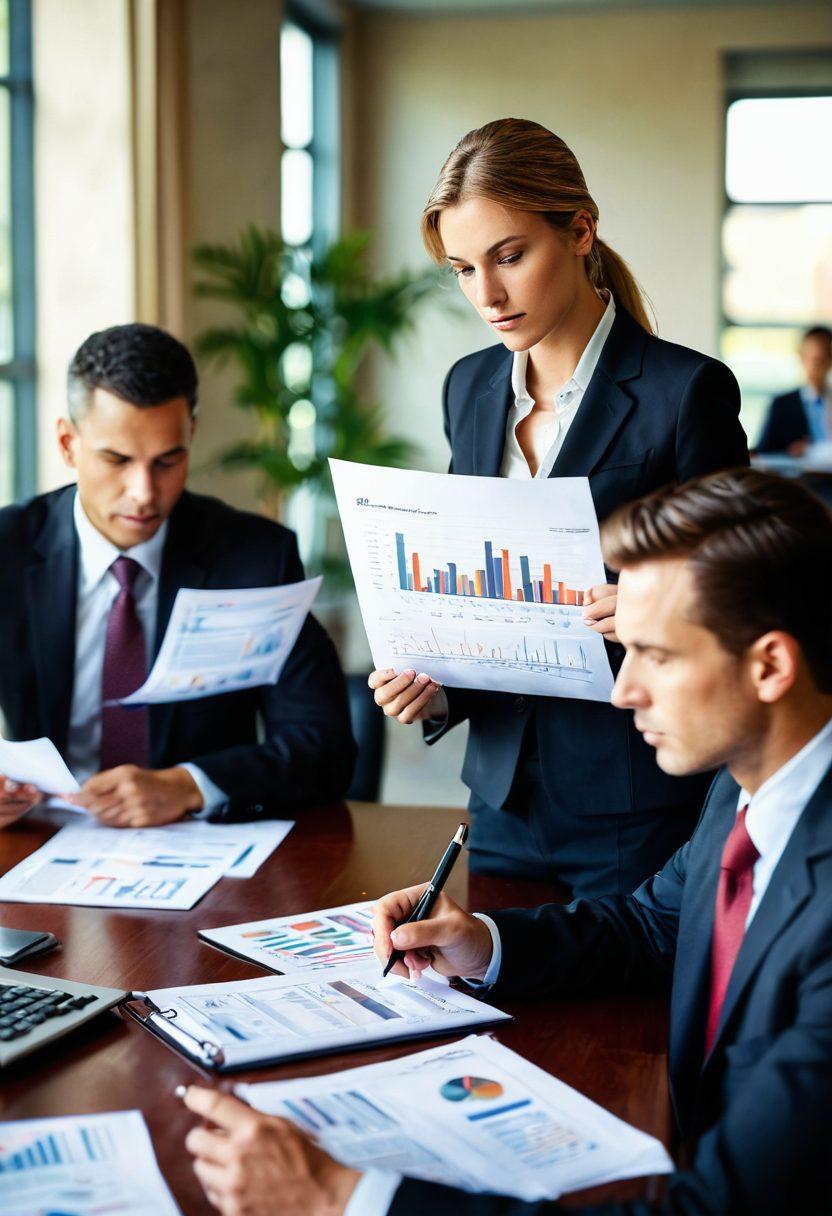 A serious business meeting setting with diverse professionals analyzing documents and charts related to performance evaluation. Incorporate a government building in the background to signify the context of government contracts. Add visual elements like contracts, graphs, and a checklist to emphasize evaluation aspects. Infuse a sense of professionalism and collaboration. super-realistic. warm colors. soft focus.
