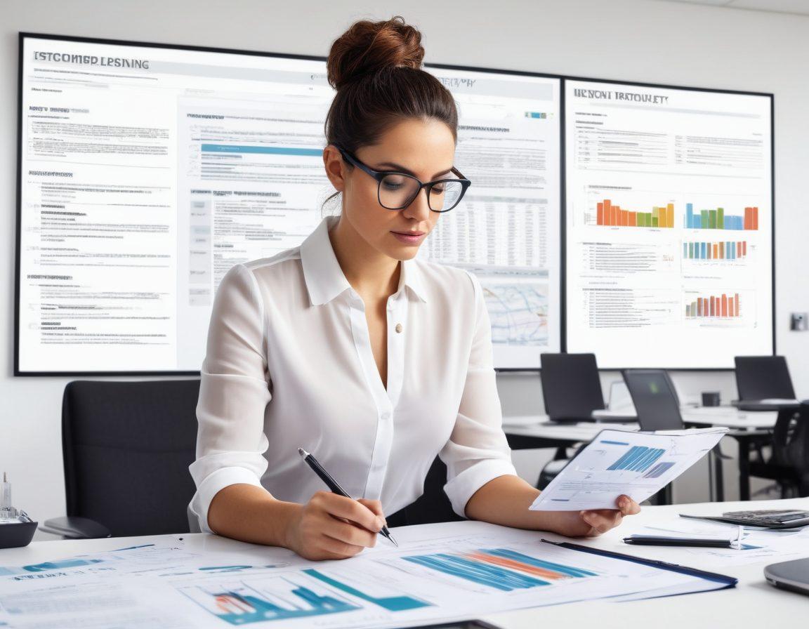 A determined professional examining a government contract, surrounded by assessment forms, performance evaluation reports, and a digital tablet displaying data analytics. Include a diverse team in the background engaged in discussions, highlighting collaboration and strategic planning. The setting should reflect a modern office with motivational success quotes on the walls. super-realistic. vibrant colors. clean white background.