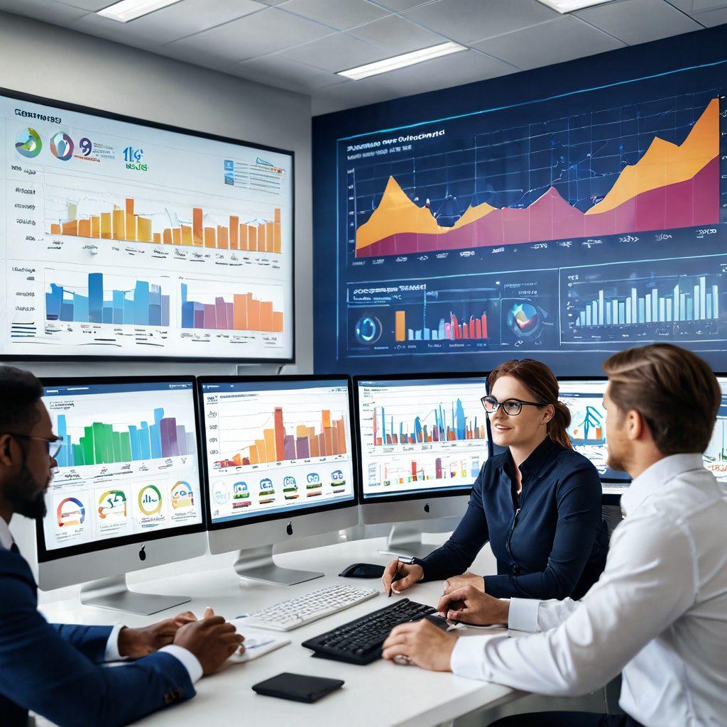 An illustration depicting a diverse group of contractors collaborating in a modern office setting, with charts and graphs showcasing performance metrics on screens. Highlight a federal evaluation stamp in the background, symbolizing compliance and success. The atmosphere should convey productivity and teamwork, with motivational quotes adorning the walls. bright colors. 3D rendering.